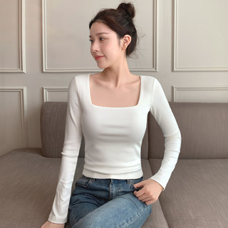 Square-Neck White Base Shirt for Women 2026 New Spring, Autumn, and Winter Inner Wear Pure Cotton Long-Sleeve Large Neckline Slim-Fit Short Top