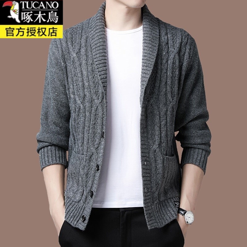 Woodpecker Wool Sweater Men's Knitted Cardigan Loose Outerwear Men's Thick Sweater Coat Spring and Autumn New Men's Clothing
