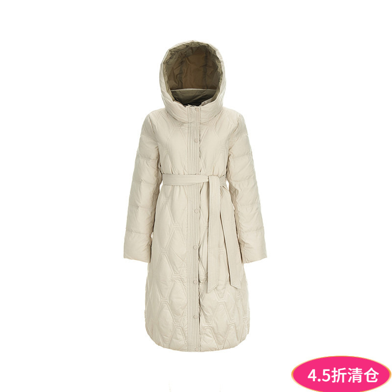 Winter Outlets Genuine High-End A-Line down Coat with Belt, Extra-Long White Duck down Cold-Proof down Jacket for Women