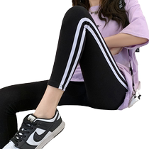 Pure cotton leggings for womens outer wear autumn black high waist elastic tight striped sports 2023 new fat mm large size