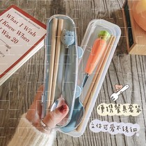 Chopsticks box with lid childrens wooden spoon tableware creative cute portable student take-out storage tableware