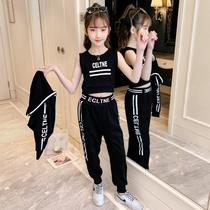 Girls black print set 2021 new Korean version of big cotton personality fashion sports three-piece trend