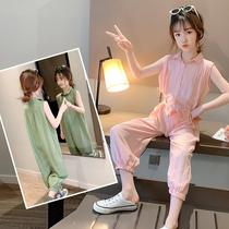 Korean girl pink sleeveless shirt collar jumpsuit 2021 summer new style middle big kids fashion girl jumpsuit