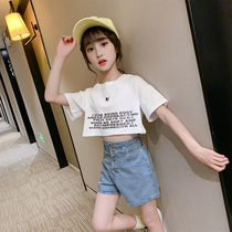 Korean girls denim shorts set 2021 summer new style big childrens fashion girl crop top t-shirt two-piece