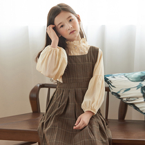Korean Girls Fall Winter Dress Set 2022 New Style Zhongda Tong Vintage Long Sleeve Shirt Bib Skirt Two-Piece
