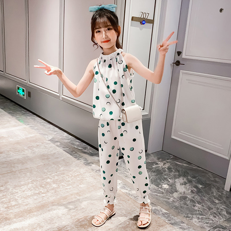 Korean girl print set summer dress 2021 new Korean version of the big boy foreign girl thin sleeveless two-piece