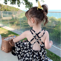 Korean girl floral slip dress summer new foreign style child princess skirt net red beach skirt backless dress