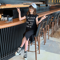 Korean girl side split dress summer dress 2021 new Korean version of the big boy thin letter print T-shirt skirt