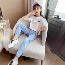 Korean girl white T-shirt Tencel mosquito jeans set 2021 new style big boy girl fashion summer wear