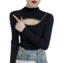 Design niche half-high collar hollow sweater for women in autumn and winter new style western slim fit inner wear slimming long-sleeved top