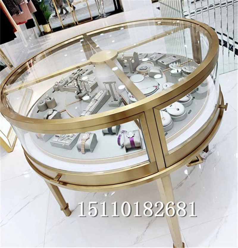 Round jewelry display cabinet stainless steel jewelry Jade Jade display cabinet curved transparent glass medium island counter customized