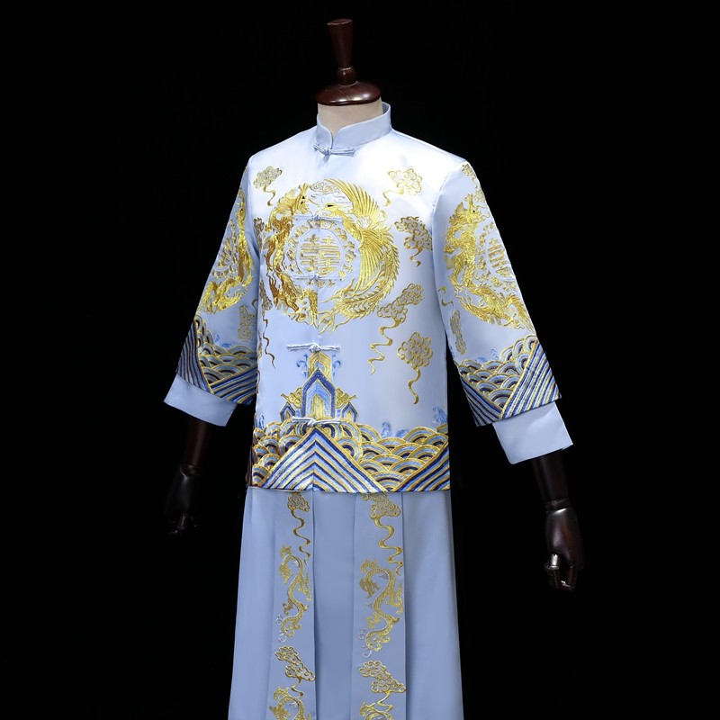 新郎中式結婚長袍唐裝秀禾服敬酒服古裝婚服龍鳳掛男款長褂禮服