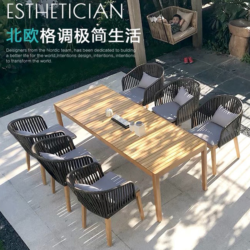 Leisure rattan outdoor dining table and chair combination furniture garden leisure courtyard outdoor terrace anti-corrosion teak bar