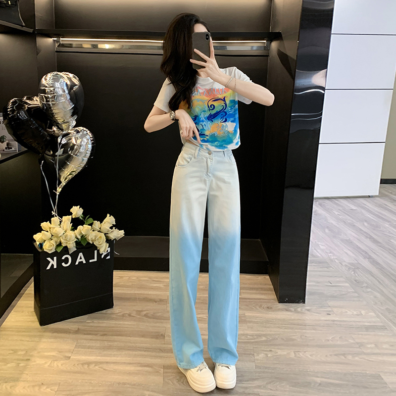 Tie-Dye Jeans for Women, Narrow Wide-Leg Pants, 2024 New High-Waisted Slimming Straight-Leg Pants, Gradient Sky Blue Floor-Length Pants