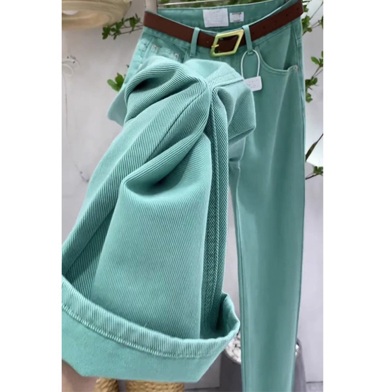 Narrow Fit Light Green Wide-Leg Jeans for Women 2023 Winter Fleece-Lined High-Waisted Straight Loose Slimming Long Pants Floor-Length Pants