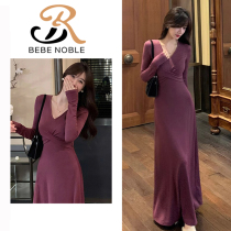 BEBE NOBLE French style V collar knit dress dress woman autumn and winter workout slim fit inner lap sweaters skirt long