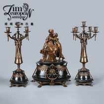 Tim European Antique Western Antique Copper Sculpture Marble Base with Candlestick Mechanical Clock Three-piece Set