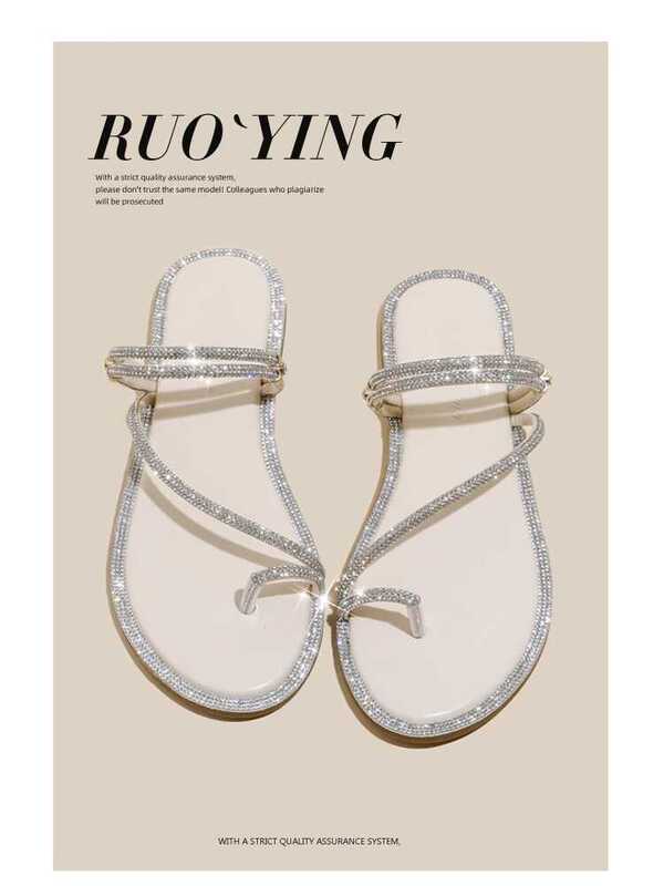2025 Rhinestone-Embellished Flat Shiny Crystal Thong Roman Sandals for Women, Summer Outdoor French-Style Genuine Leather Slippers 2025 Rhinestone-Embellished Flat Shiny Crystal Thong Roman Sandals for Women, Summer Outdoor French-Style Genuine Leather Slippers