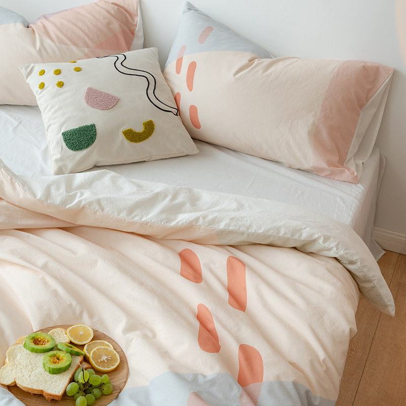 ins small fresh all cotton washed cotton four sets pure cotton linen bed hat-style digital printed quilt cover bedding bedding 4