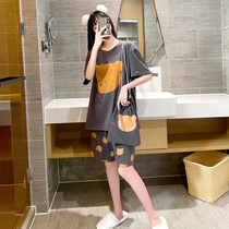 Cartoon cotton pajamas for men and women short-sleeved plus size summer couple fat mm200 catties loose home clothes three-piece suit