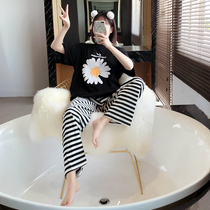 Fat sister cotton daisy pajamas womens summer 220 jins season short-sleeved trousers suit loose plus size wide-leg pants