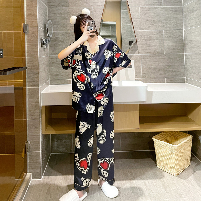 Silk plus size pajamas women's summer ice silk thin short-sleeved two-piece set 2021 new cardigan home service suit