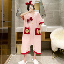 One-piece hakama two-wear pajamas womens summer plus size 200 jin loose pregnant women fat MM cotton thin nightdress home service