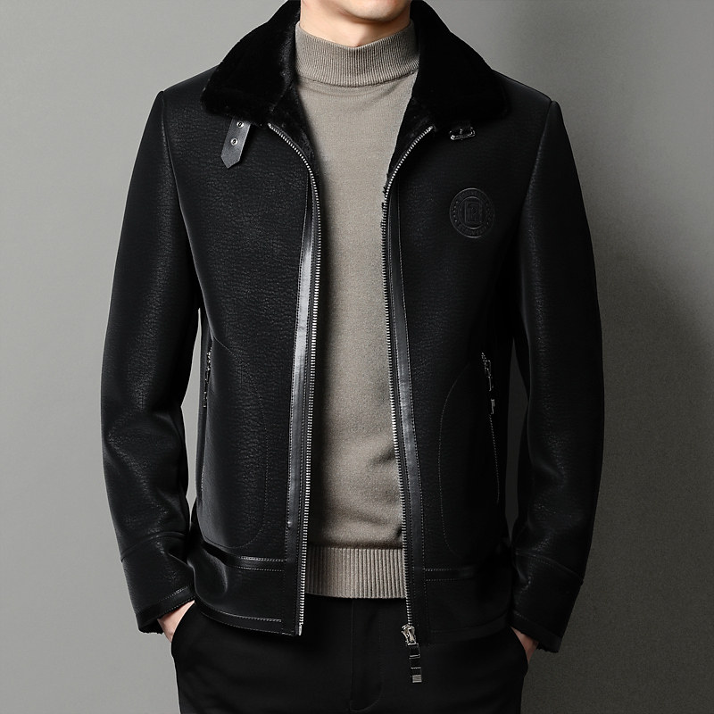 In 2022, the new winter ferret jacket coat male plus velvet thickness warm and casual leather coat tide