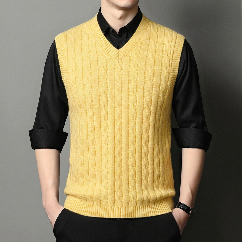 Trendy Light Luxury Pure Cashmere Knit Vest for Men, Spring and Autumn Thickened Warm Inner Layer V-Neck Sweater Vest