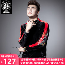 Yukou long-sleeved t-shirt mens fashion brand 2019 new autumn and winter velvet contrast color national tide dragon embroidery semi-high collar base shirt