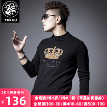 Yukou long-sleeved T-shirt mens winter double-sided velvet trend slim-fit semi-high collar crown embroidery tide brand top base shirt