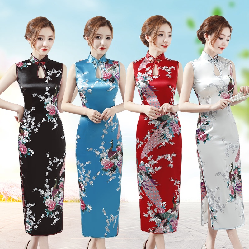 Etiquette Clothing for Women, Hostess Attire, Long Cheongsam, Runway Performance Outfit, 2019 Autumn, Sleeveless, Chinese Style
