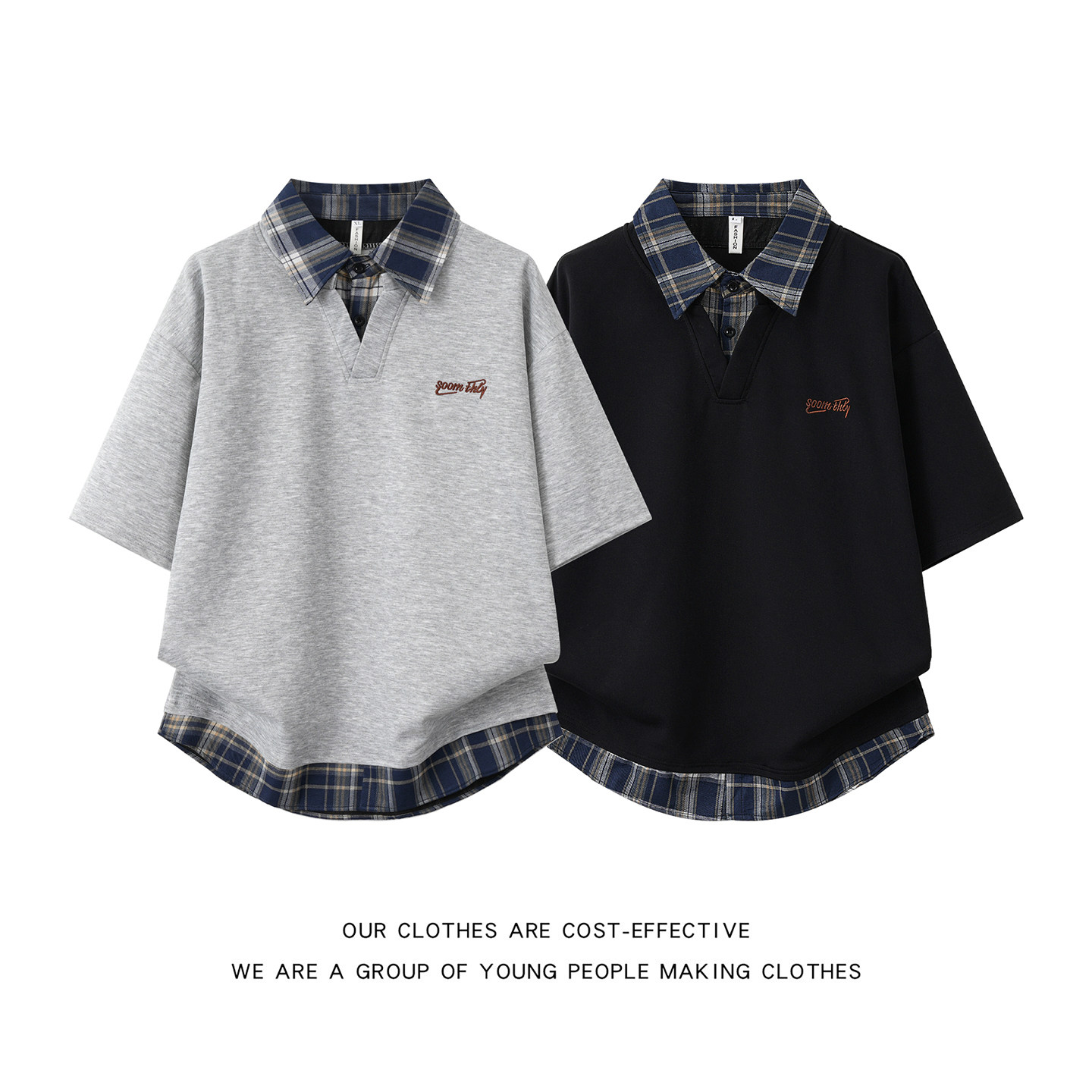 黑色学院风短袖polo衫男女款格子拼接假两件t恤翻领正肩美式半袖