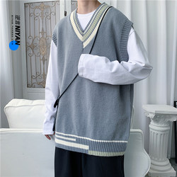 Knitted vest men's spring and autumn version Korean trendy personality V-neck sweater vest outer wear in Hong Kong style loose lazy jacket