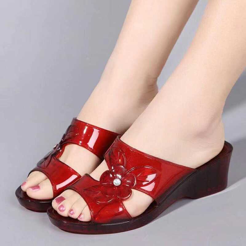 Thick-Soled Casual Crystal Summer Non-Slip Transparent High-Heeled Plastic Slippers for Women, Wedge Slippers, Comfortable for Mothers