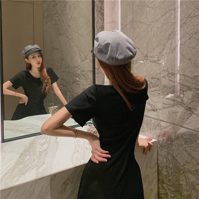 Mùa hè 2019 mới khí chất váy ngắn Váy ngắn tay ngắn Váy xếp li xếp nếp eo Một chiếc váy từ nữ - A-Line Váy đầm xòe ngắn