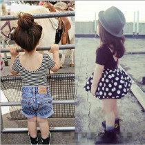 Girls backless T-shirt 2021 summer new baby striped tight stretch Odell cotton short sleeve top