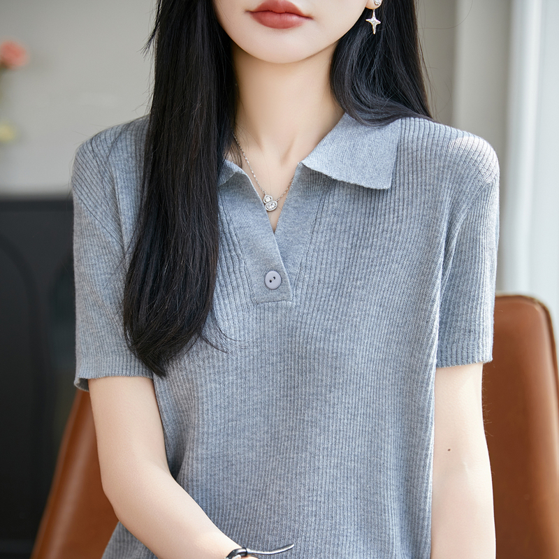 Summer New Style Half-Open Polo Collar Knitted Short-Sleeve Women's Fine Wool Sweater Ribbed T-Shirt Loose Slimming Base Shirt