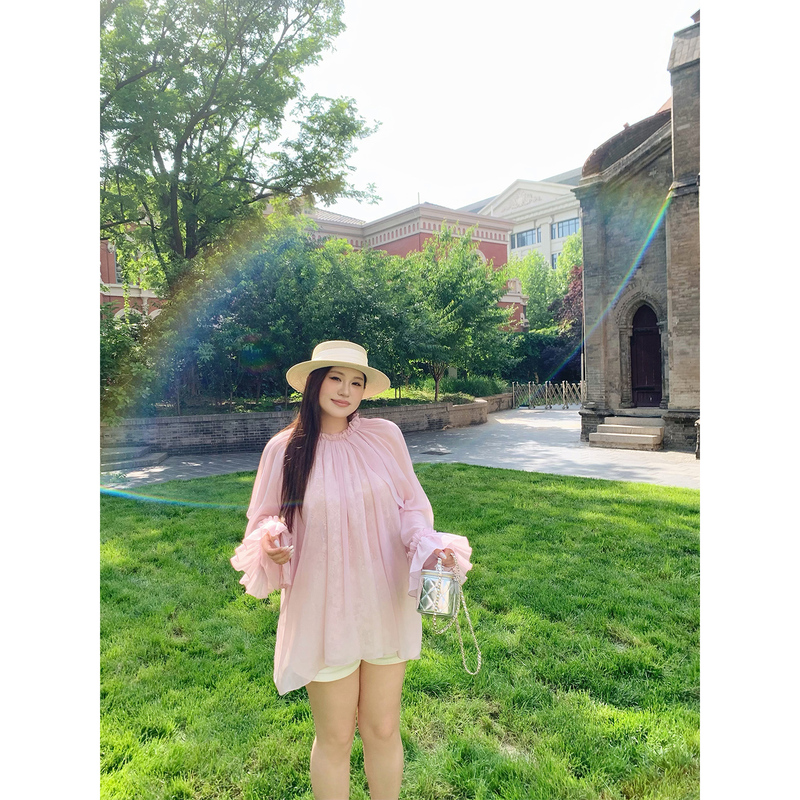 Jayee Chen Jiaer Plus-Size French-Style Pink Lace Ruffled Long-Sleeve Shirt for Women, Summer Slimming Chiffon Top