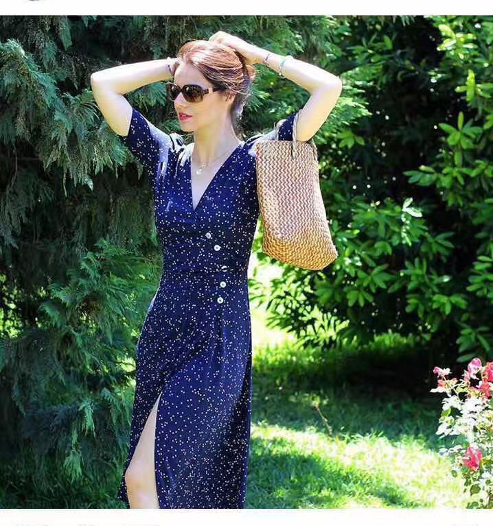 short-sleeved V-neck print wrap skirt NSYD4148