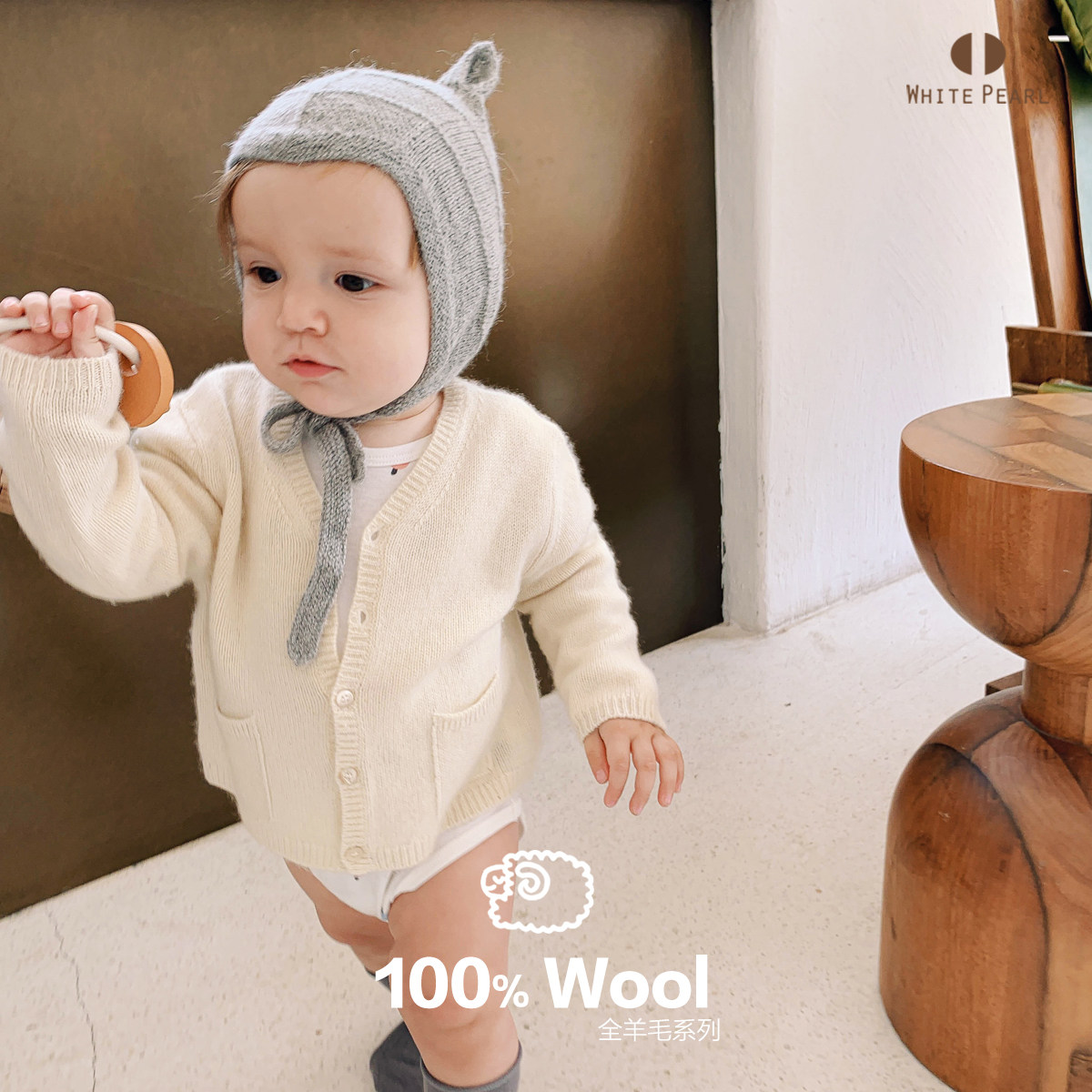 White Pearl 2021 Spring baby baby men and women full wool soft fluffy solid color cardigan jacket