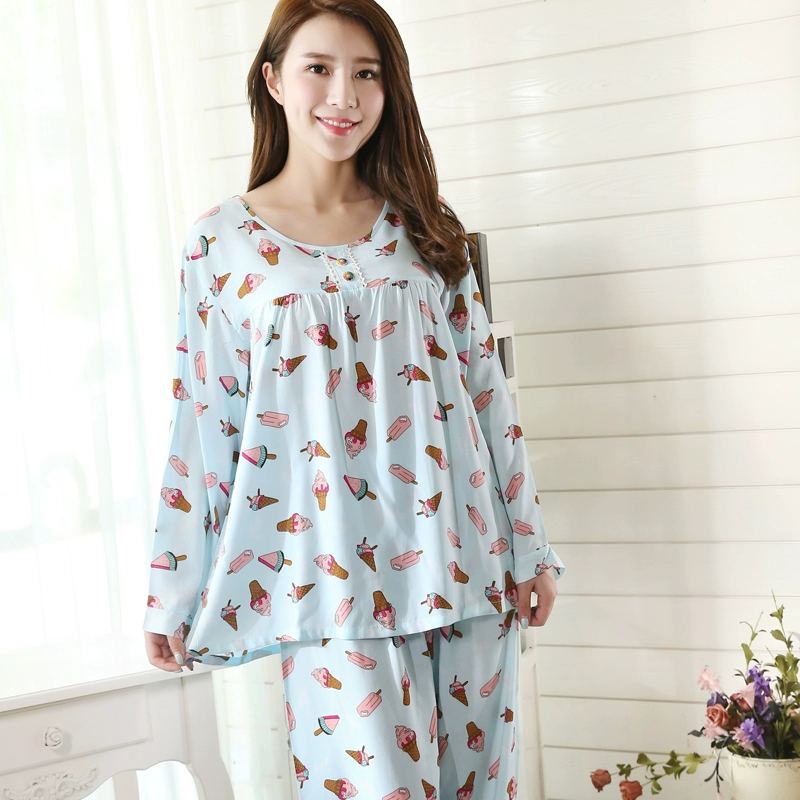 Yi đối tác mùa xuân và mùa hè cotton lụa đồ ngủ phụ nữ dài tay quần phù hợp với phần mỏng bông nhân tạo XL cotton lụa điều hòa không khí dịch vụ nhà