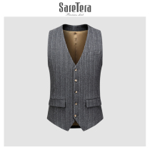 Saretera Grey Vintage Stripe Wool Vest Men's Business Casual Dress Camouflage Chunky Vest