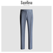 Saretera light blue bamboo pattern business slim trousers mens Italian horn buckle flanging trousers tide casual pants