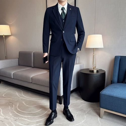 Мужской комплект, пиджак классического кроя, свадебное платье, костюм, 3 предмета, в корейском стиле
