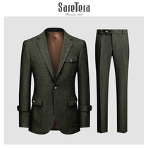 Saretera herringbone pattern wool suit suit male vintage casual hunting Wedding Dress groom suit