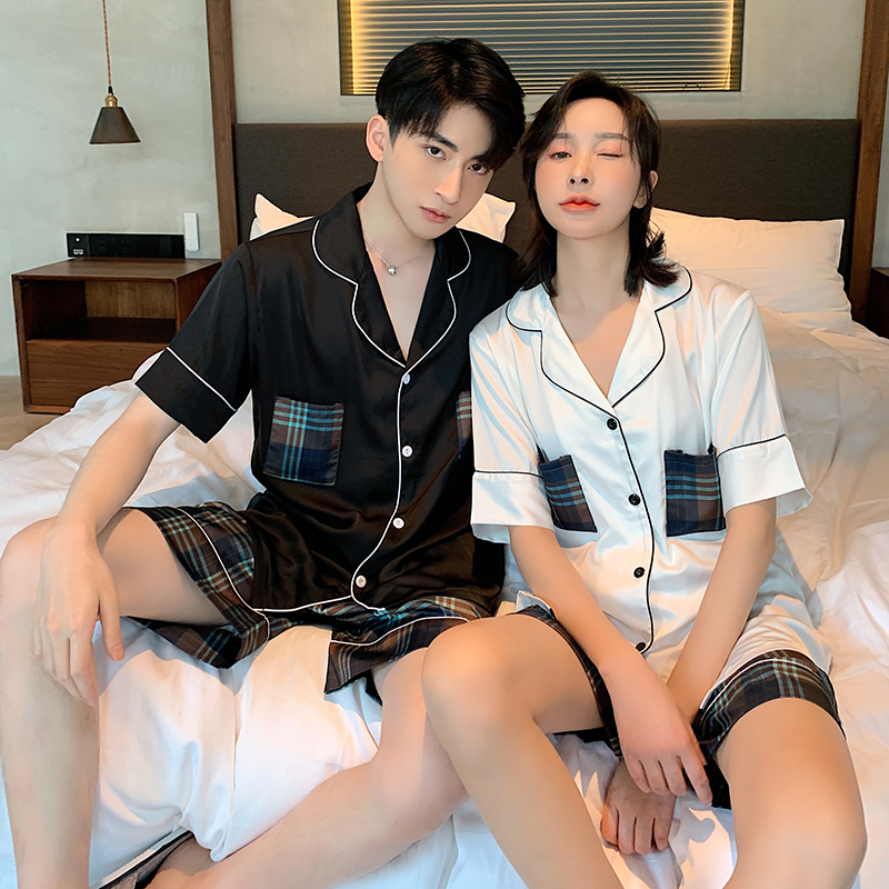 VIRRI CIAGA ~ Gprint in love design true silk pyjamas female summer thin short sleeve lovers can wear suits outside