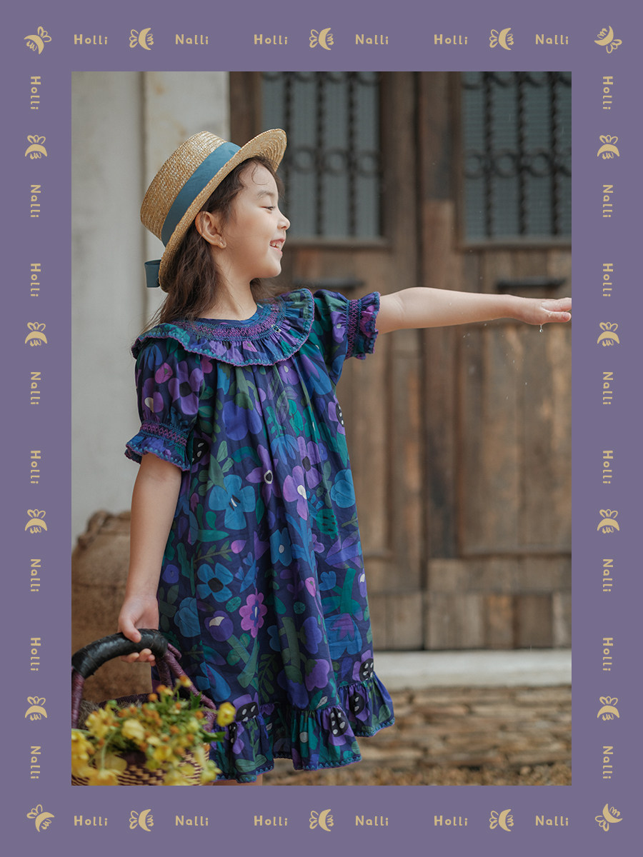 Olinali original 39 ° C cool summer series ultra extravagant 100 Xinjiang long suede cotton blue purple crushed flower foreign dress