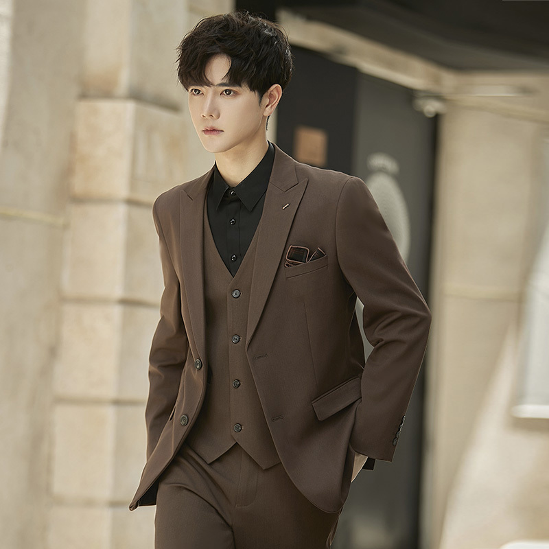 Casual Suit Men's Suit Wedding Groom High-End Business Professional Formal Three-Piece Suit Coffee Color Small Suit Jacket