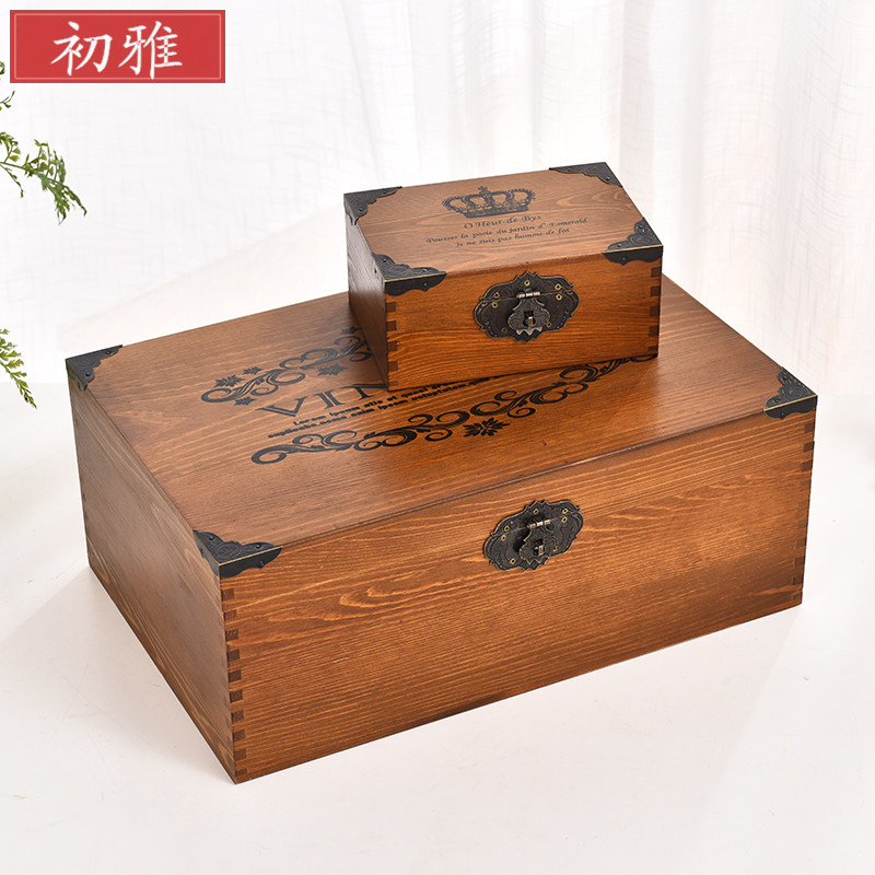 zakka European retro box rectangular desktop wooden storage box document storage box solid wood box with lock storage box